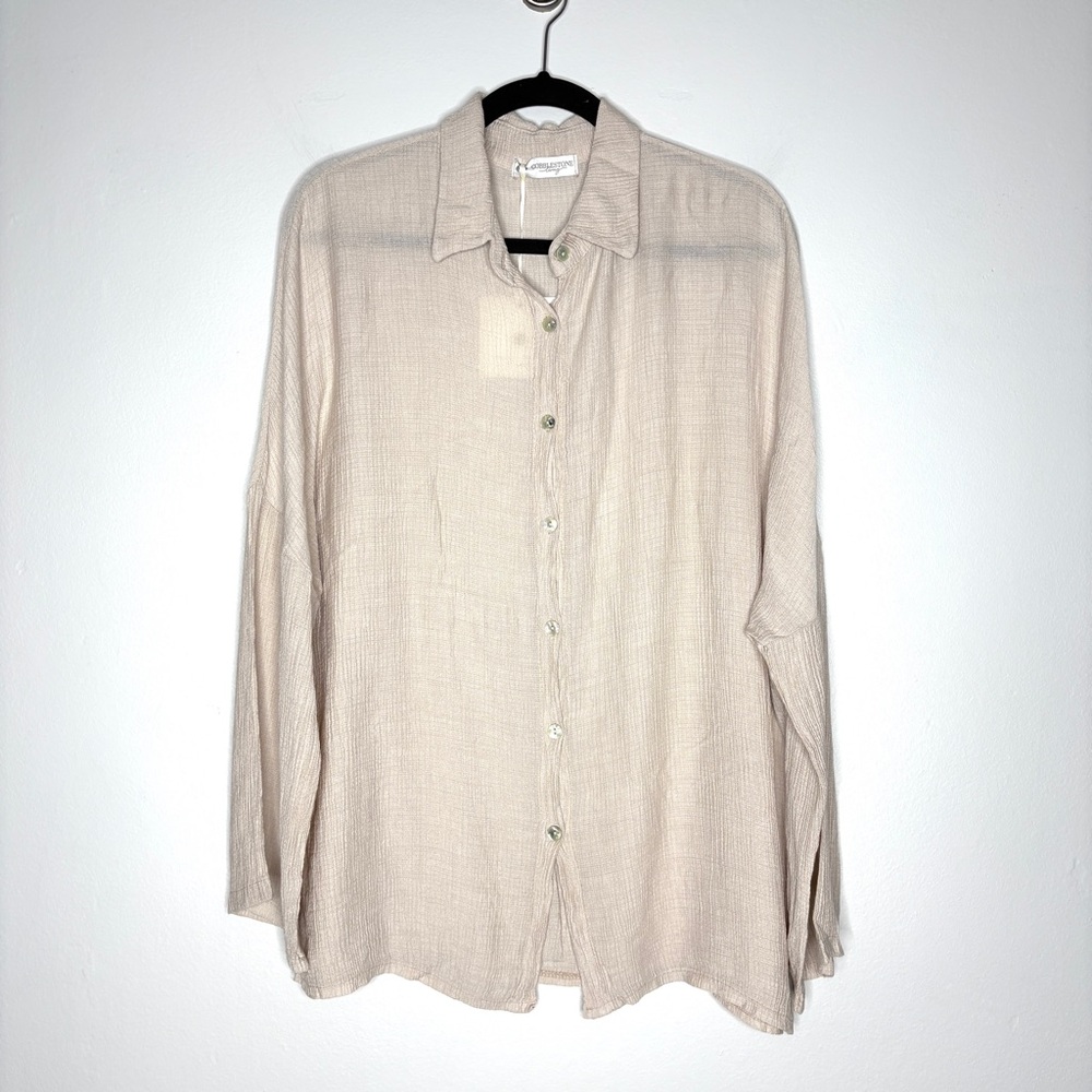 NWT Cobblestone Living Tunic Top Relaxed Gauze Button Down In Beige Size S/M